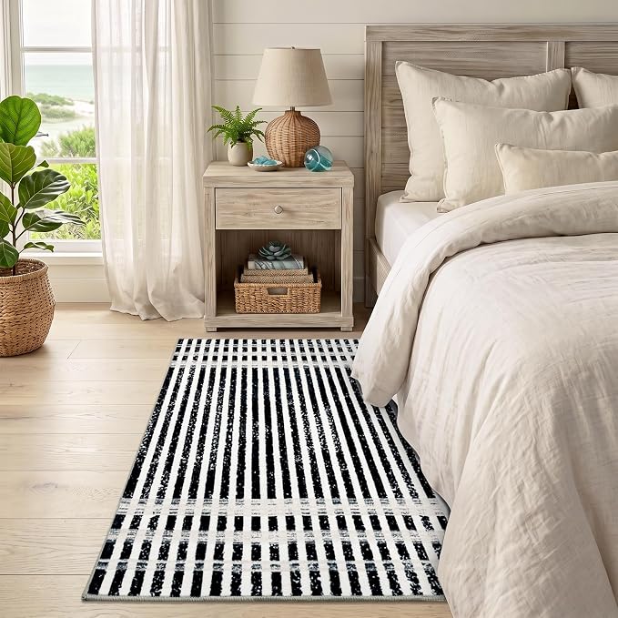 Washable 2x3 Modern Striped Area Rug, Abstract Small Throw Rug for Entryway | Black Beige, Soft Low Pile, Skin Friendly, Non-Slip for High Traffic, Entrance Vintage Braided Paid Style Home Decor
