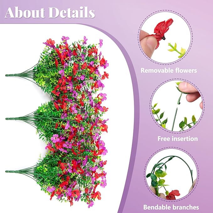 Artificial Fake Hanging Flowers Plants with Basket Spring Outdoor Decor,Faux Silk Flowers with Eucalyptus in Planter No Fade Flower in Basket for Farmhouse Home Garden Porch Patio Balcony(Red Purple)
