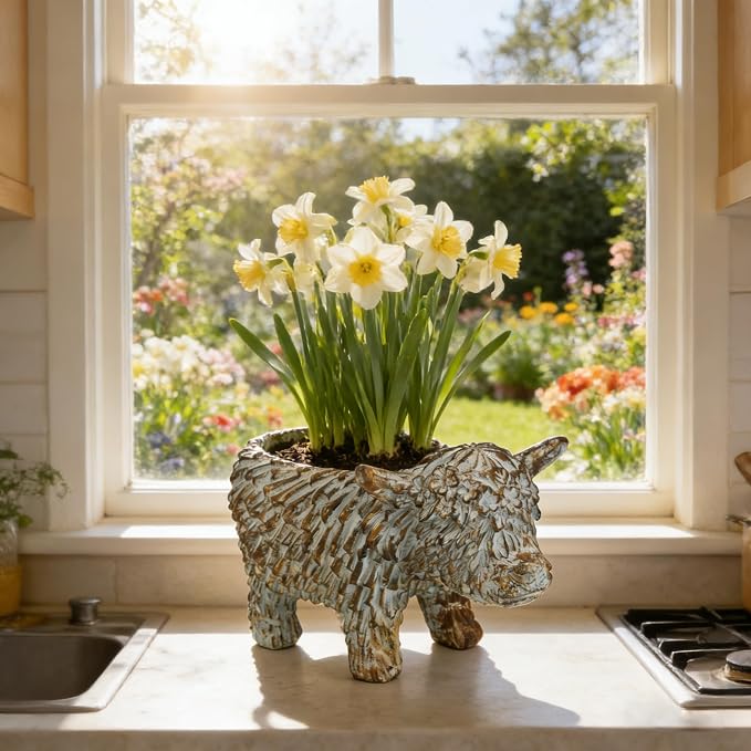 Rustic Highland Cow Planter - Vintage Distressed Blue Resin Planter Pot Indoor&Outdoor Flower Pots for Garden Home Decor, Succulent, Herbs