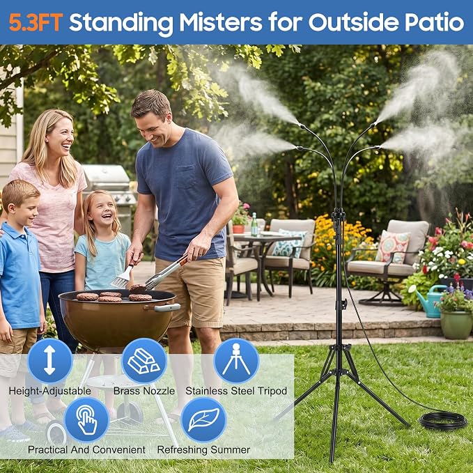Gugxiom 5.3FT Standing Misters for Outside Patio, 26.5FT Water Supply Line & Adjustable Height & 5 Brass Nozzles, Portable Water Mister for Patio BBQ Pool