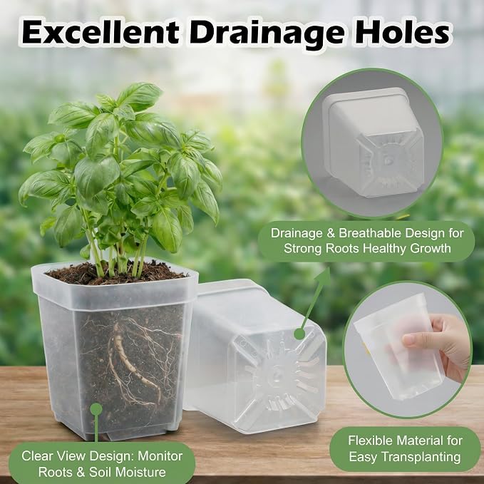 RooTrimmer 120 Packs Square Clear Nursery Pots with Drainage, 2.7 Inch Plastic Seedling Pots for Indoor Plants, Thickened Small Transplant Pot for Seed Starting Succulents Vegetables Lettuce Flowers