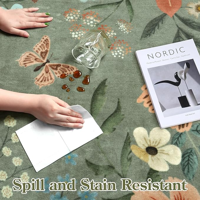 Lahome Floral Washable Rugs, 4X6 Rug for Bedroom Ultra-Thin Soft Dining Room Rug, Non-Slip Living Room Rugs Stain Resistant Boho Rug Lightweight Flore Throw Rug for ‎Office (4x6ft,Green)