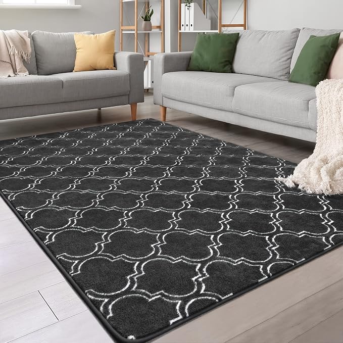Chicrug 7x10 Shag Geometric Modern Area Rug for Bedroom Living Room | Memory Foam Indoor Carpet, Fluffy Rug for Bedside Room for Family Girls Kids Play Mat, Dark Grey and White