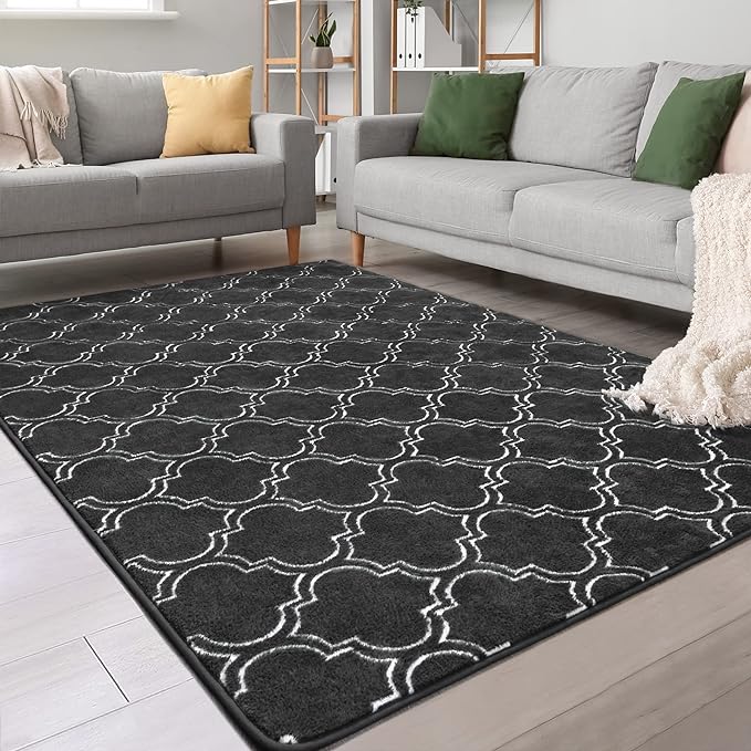 Chicrug 3x5 Shag Geometric Modern Area Rug for Bedroom Entryway | Memory Foam Indoor Carpet, Fluffy Rug for Bedside Room for Family Girls Kids Play Mat, Dark Grey and White
