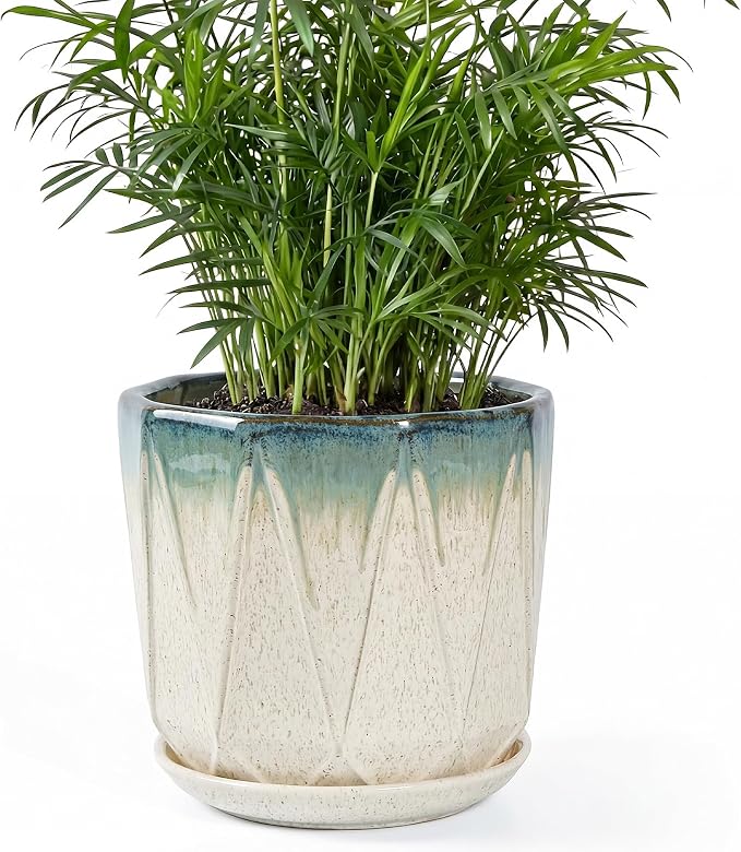 7.8 Inch Ceramic Plant Pot with Drainage Hole Mesh Net, Large Flower Pots for Indoor Plants with Saucer, Gardening Pots Outdoor (Blue Mouth Linen)