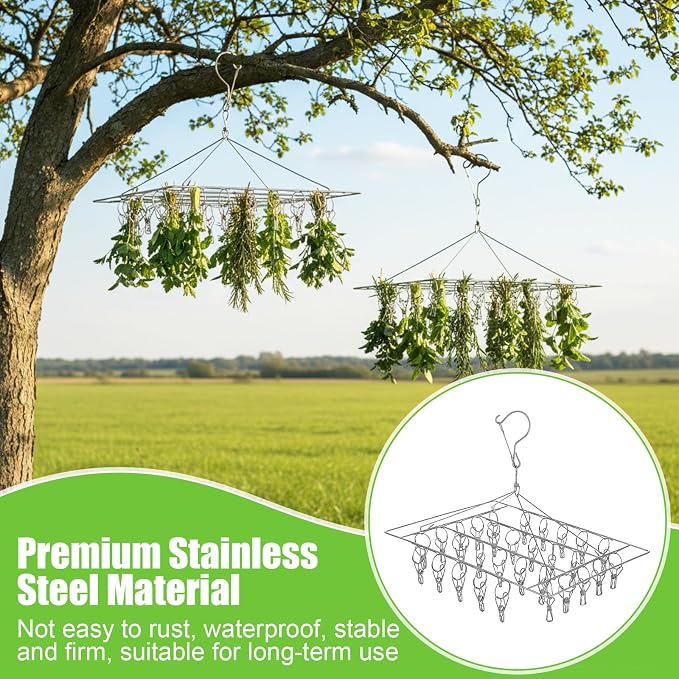 6 Pcs Stainless Steel Clothing Drying Rack, Hanging Drying Rack with Clips, Foldable Swivel Dryer Windproof Hook for Plants Flowers Towel Lingerie Sock Laundry