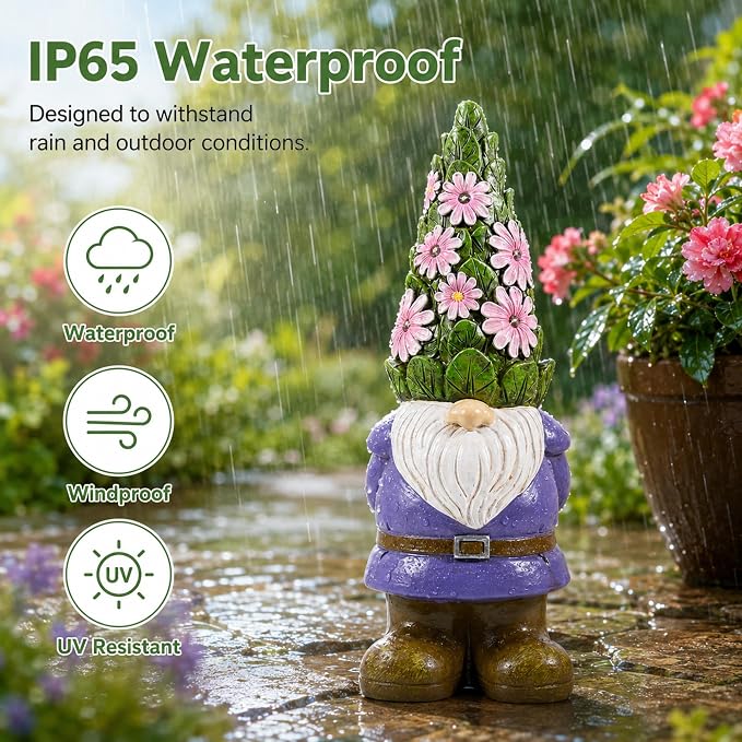 Solar Garden Gnome Statue: Outdoor Figurine with Succulent Lights | Waterproof Resin, Yard Lawn Porch Balcony Patio Home Decor, Gifts for Mom Women Grandma