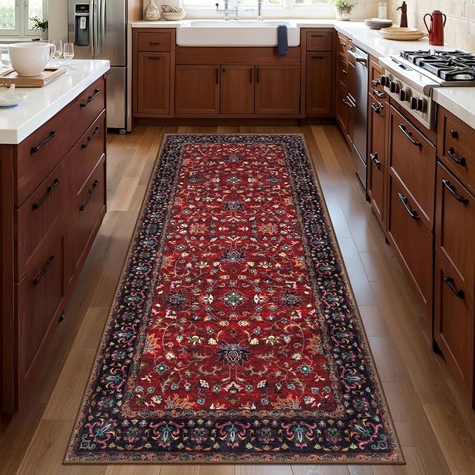 Red 2x5 Washable Runner Rugs for Hallways, Oriental Non Slip Rug Runner | Tangsoo Boho Soft Low Pile Rug Runner, Vintage Floral Print Carpet Runners for Entryway Kitchen Bedroom Living Room Red/Black