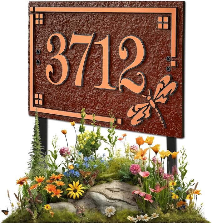 House Address Sign Address Plaque for Outside Custom Street Name Address Sign House Number with Lawn Stake (Coffee/Copper)