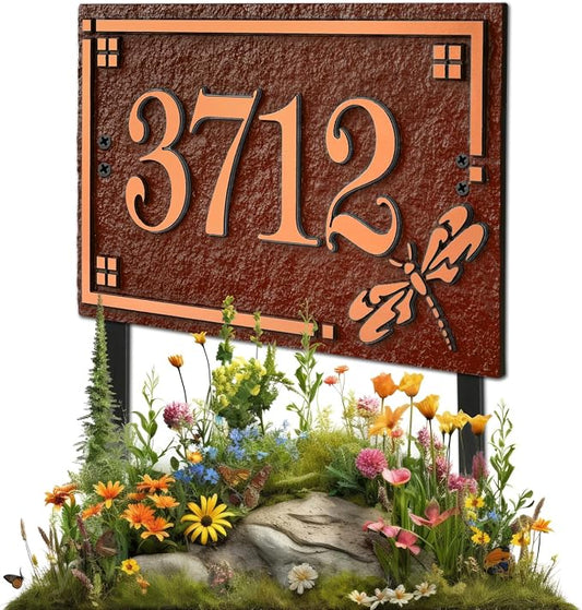 House Address Sign Address Plaque for Outside Custom Street Name Address Sign House Number with Lawn Stake (Coffee/Copper)
