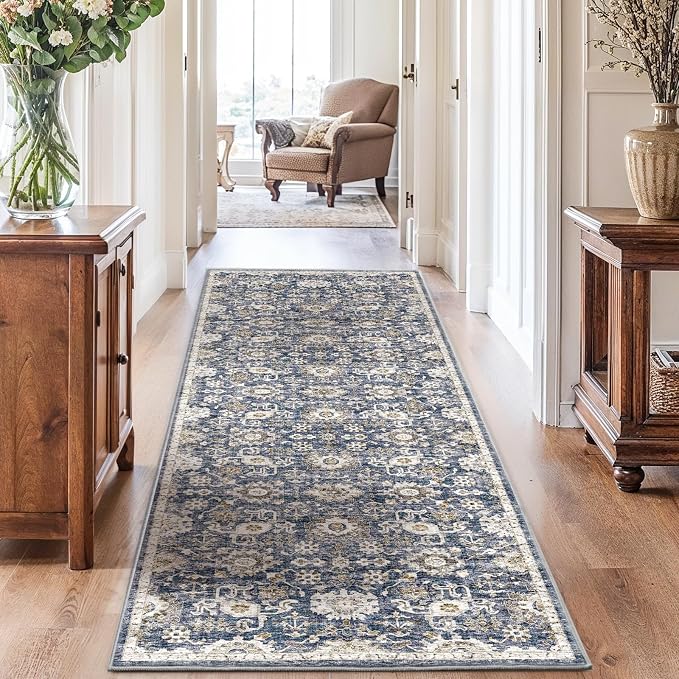 AMADA HOMEFURNISHING 2'6"x10' Washable Area Rug, Low-Profile Entryway Rug with Non-Slip Backing & Durable Edge Binding, Vintage Rug Pattern, Small Rugs for Entryway, Kitchen & Living Room