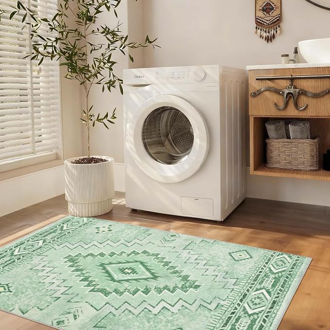 Yinhua Green 2x3 Area Rug for Entryway, Western Rugs Washable | Morrocan Small Rug Non Slip, Vintage Low Pile Indoor Carpet for Bedroom Kitchen Home Decor