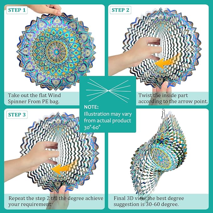Wind Spinner Mandala Peacock Blue Ocean,12Inch Stainless Steel Wind Spinners Outdoor,Gifts for Women,Mother,Men,Father,Holidays,3D Kinetic Yard Art Decorations,Christmas Garden Decor