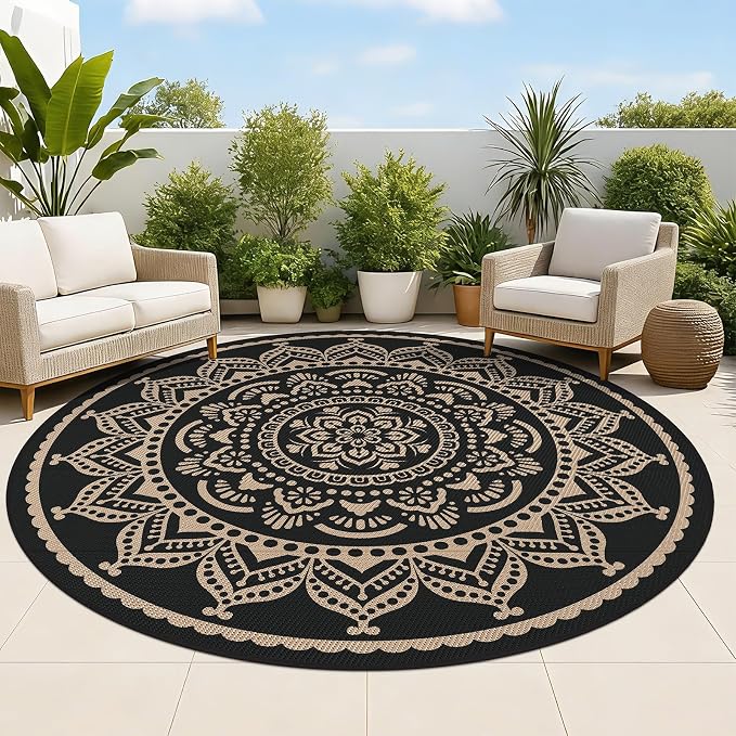 Bsmathom Waterproof Outdoor Rug, 8ft Round, Black | Reversible, Boho Plastic Straw, Portable RV Mat, For Patio, Deck, Camping, Porch, Balcony, Backyard, Beach, Pool