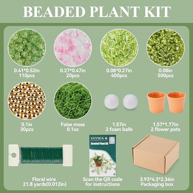 XHYMIA Beaded Plant Kit Green Glass Leaf Beads, Flower Glass Beads Mini Forever Plant Making and DIY Crafts with Video Tutorials