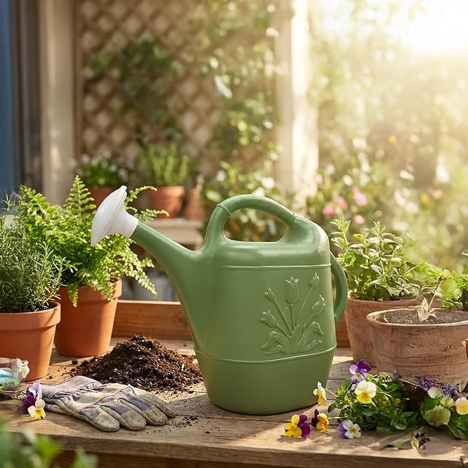 Union Products 63068 2 Gallon Plastic Indoor/Outdoor Watering Can w/Tulip Design for Garden, Potted Plants, & Patio Pots, Sage Green