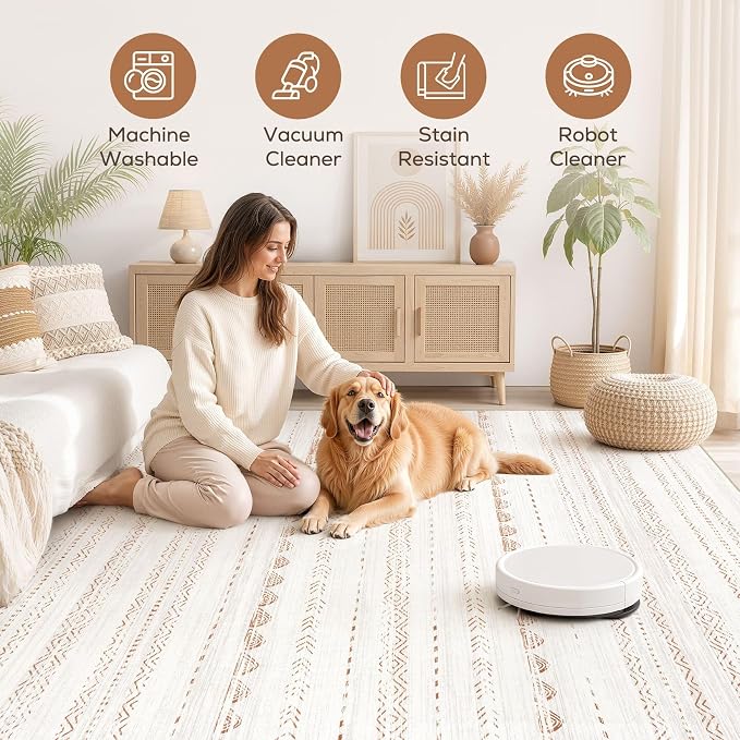 Nakagishi Boho 8x10 Area Rug Living Room Rugs Machine Washable Brown | Soft, Pet & Kid Friendly, Carpet for Living Room/Bedroom/Office/Kitchen/Nursery, Daily Home Decor Stain Resistant Moroccan