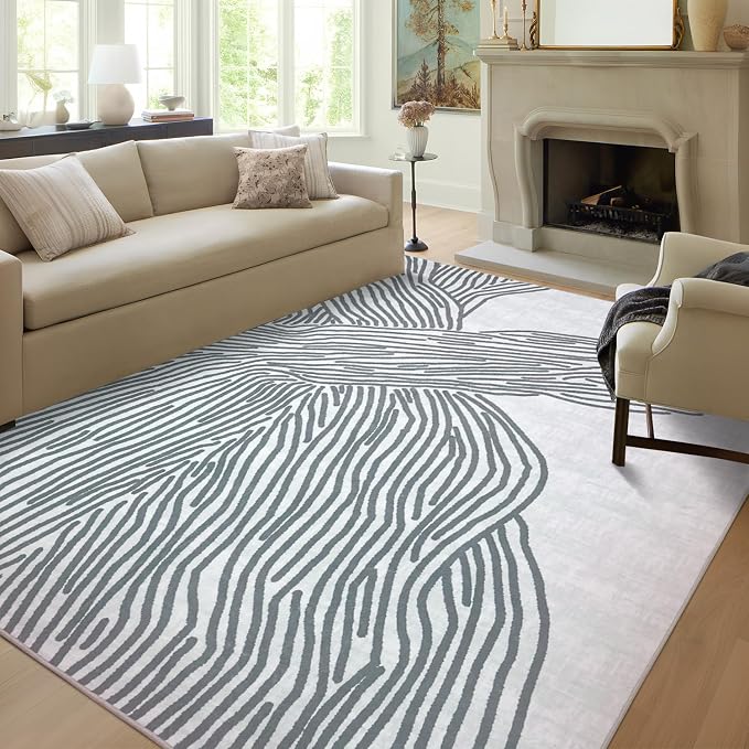 Grey Rug for Living Room, 5×7 Modern Abstract Area Rug, Geometric Contemporary Wave Striped Rugs for Playroom Nursery, Washable Nonslip Large Rug for Bedroom Dining Room