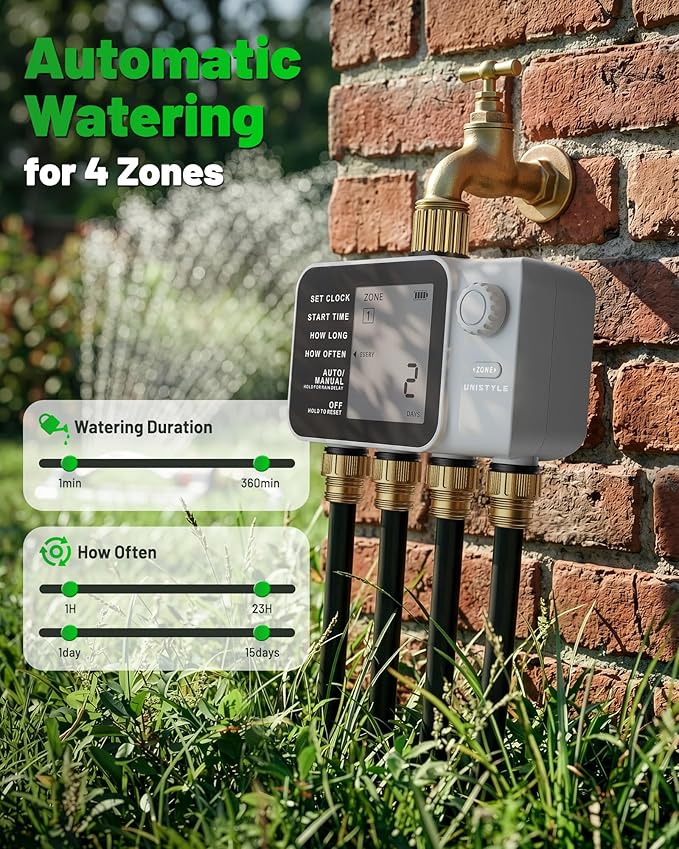 [All-New 2027] 4 Zone Sprinkler Timer with Brass Inlet, Unistyle 4 Outlet Programmable Water Timer for Garden Hose with Rain Delay, Manual Watering Automatic Irrigation Hose Timers for Yard Lawn Patio