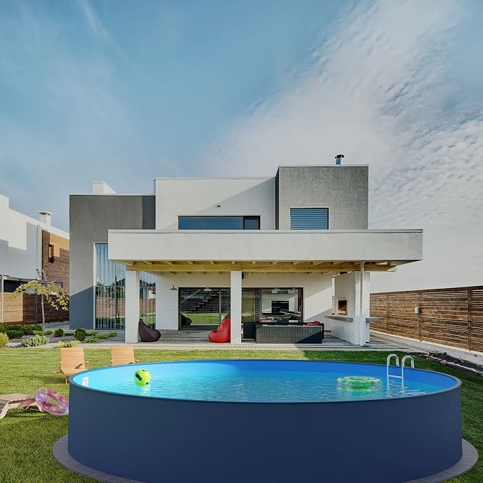 Steel Wall Pool Round Choice of Sizes 120 cm Deep Steel 0.4 mm Anthracite Foil 0.4 mm Blue Hanging Piping 450