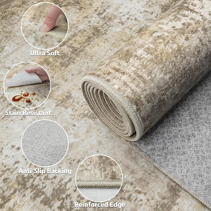 Tosuoka 9x12 Area Rugs for Living Room Abstract Washable Beige Grey Rug | With Anti-Slip Backing，Non-Shedding，Stain-Resistant，Soft Modern Large Carpet for Bedroom Dining Room Farmhouse Nursery