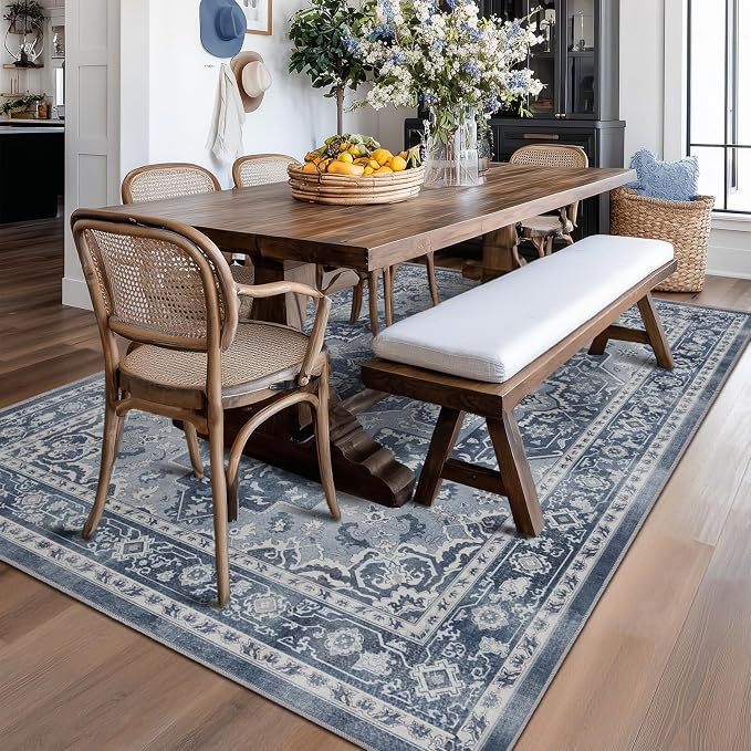 Blue Gray 5x8 Area Rugs for Living Room, Modern Vintage Medallion Dining Room Rug Washable Non Slip, Transitional Distressed Low Pile Thin Carpet Rugs for Den/Bedroom/Foyer/Home Office