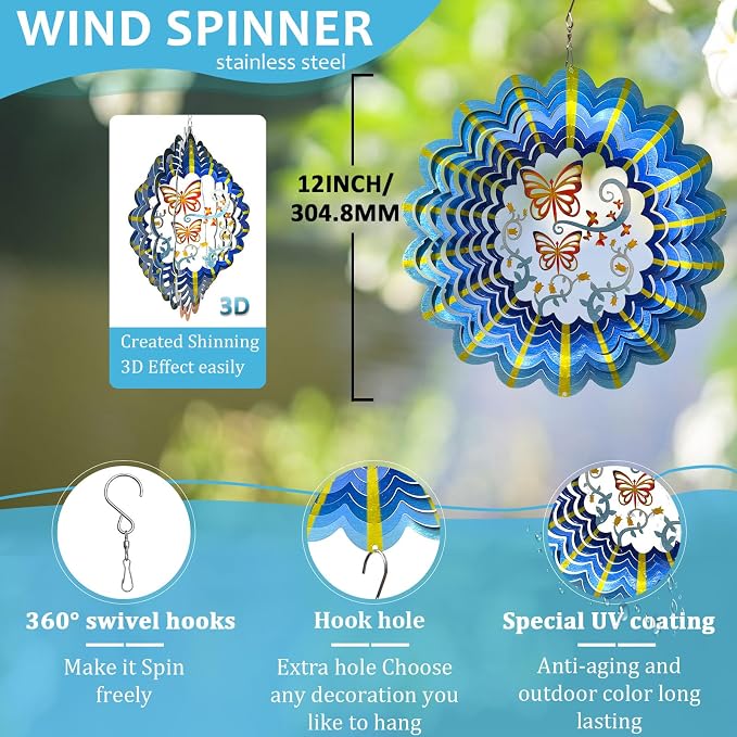Butterfly Wind Spinner Hanging,12In 3D Wind Spinners Outdoor Butterfly Gifts for Women Mom Grandma Wife Father,Mandala Wind Spinner Garden Decorations Yard Art Christmas Ornament