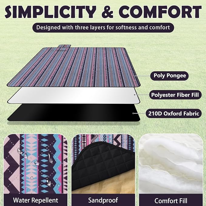 Picnic Blankets Waterproof, Extra Large Picnic Mat 79"X79", Sandproof Washable Camping Beach Blanket, Camping Accessories for Outdoor Activities, Bohemia