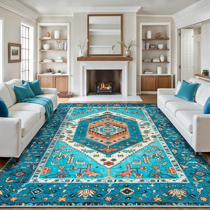 SERISSA 9x12 Washable Non Slip Boho Area Rug for Living Room，Blue | Ultra Soft Vintage Oriental Carpet Low-Pile Distressed Tribal Throw Carpet for Dining Room Bedroom Dorm Office Home Decor