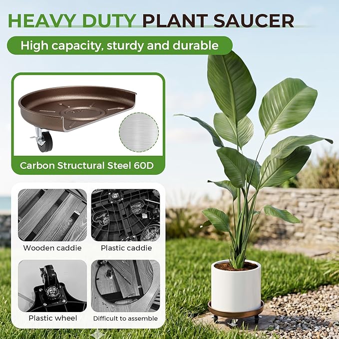 Plant Saucer 12" Rolling Plant Caddy Rolling Plant Stand with Wheels – Heavy Duty Metal, Locking, Sturdy, Rust-Resistant Finish, and Easy to Move, 310 lb Capacity