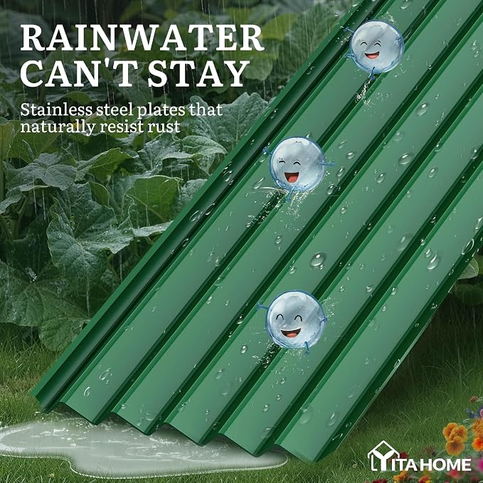 YITAHOME 8x4x1.5ft Galvanized Raised Garden Bed, Metal Planter Box with Safety Rubber, Gloves, Outdoor Flower Bed for Planting Plants Vegetables, Green