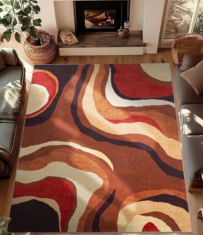 Burnt Orange Rug 8x10 Washable,Alfombras para Salas,Farmhouse Brown Retro Carpets,Geometric Abstract Wavy Rug for Living Room,Unique Colorful Rugs for Bedroom,Dining Room