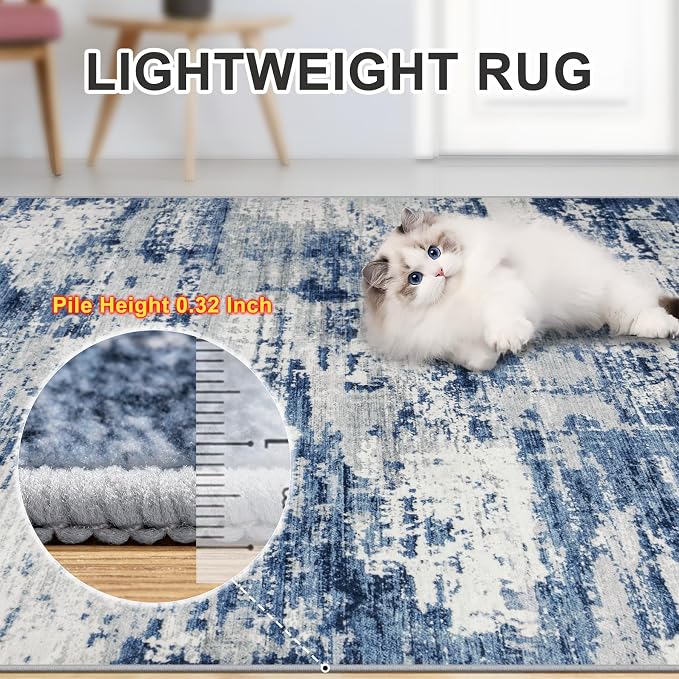 PLHXFR 10x12 Area Rug Living Room: Abstract Washable Carpet Blue Gray | For Bedroom Dining Room Farmhouse Nursery Home,Machine washable,Non Slip,Large Soft Neutral,Stain Resistant, Indoor Floor