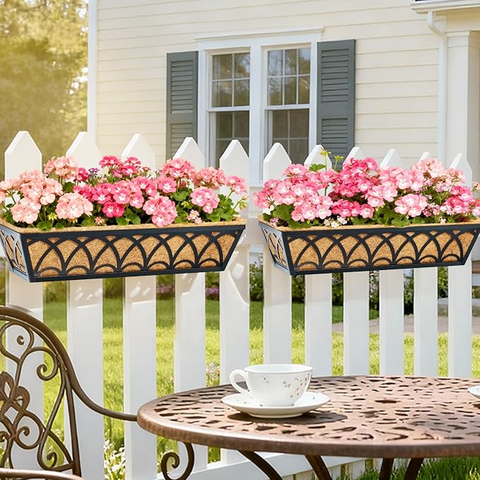 30 Inch Railing Planter Box Window Boxes Planters - 2 Pack Deck Railing Planter Boxes with Adjustable Brackets Coco Liners Balcony Planters Railing Hanging for Window Flower Boxes Outdoor Garden Decor