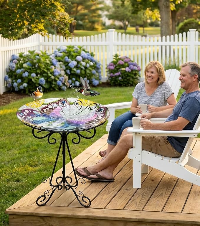Large Bird Bath for Outside, 18" D Glass Bath Bowl with Metal Stand 28" H Standing Outdoor Birdbaths for Garden Yard Lawn Decor, Butterfly-B
