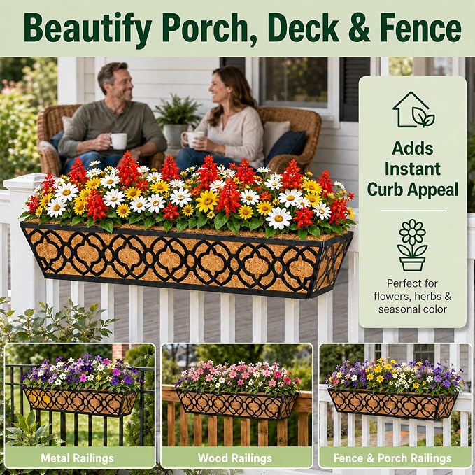 HFHOME 24 Inch Railing Planter Box with Coco Liner, 24" Window Boxes Horse Trough with Coconut Coir Liner, Black Metal Hanging Flower Planter Basket Railing Planter for Outdoor Indoor Lawn - 2 Pack
