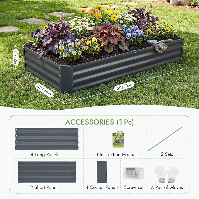 INNO STAGE Galvanized Raised Garden Bed Kit, 6x3x1FT Metal Raised Garden Beds for Vegetables, Rust-Resistant & Easy Assembly, Outdoor Raised Beds for Gardening, Flowers, Herbs (Grey)