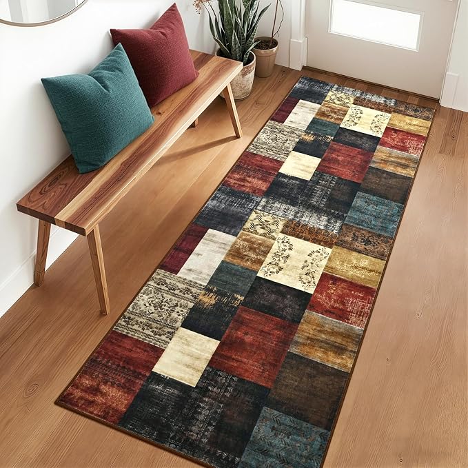Runner Rug for for Hallways, 2'x6' Washable Kitchen Rugs with Non Slip Rubber Backing, Soft Low Pile Non-Shedding Geometric Carpet for Laundry Bedroom Bathroom, Colorful