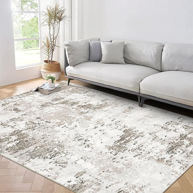 ROYHOME 10x13 Modern Abstract Faux Wool Rug for Living Room, Taupe/Beige | Low Pile Ultra Soft Stain Resistant Non Slip Non Shedding Throw Rug for Bedroom Home Decor