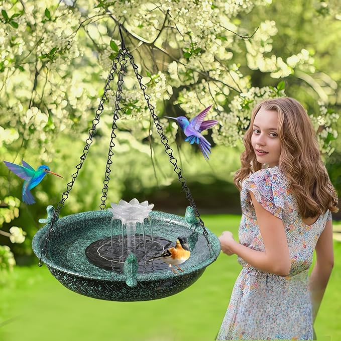 Hanging Bird Bath with Fountain,Metal Hanging Bird Bath for Outside,Outdoor Bird Bath Bowl for Garden Patio Decor