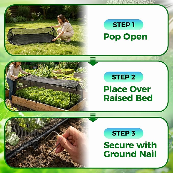 BobbleT 2 Pack Garden Covers for Raised Beds, Pop Up Mesh Plant Cover with 30% Sunblock Shade Cloth, Crop Cage for Seedlings & Vegetables, Black Outdoor Garden Bed Cover with 16 Metal Stakes