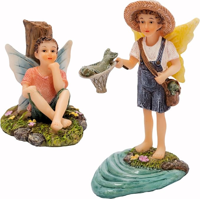 PRETMANNS Fairies for Fairy Garden - Fishing Fairy Figurines – Accessories for Indoor or Outdoor Miniature Garden – 2-Piece Set