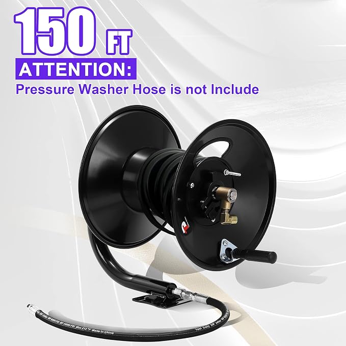 Tool Daily Pressure Washer Hose Reel 150FTx3/8" / 300FTx1/4", 4000 PSI | Heavy Duty Power Washer Hose Reel for Water, Hand Crank Steel Reel with Wall/Floor/Van Mount