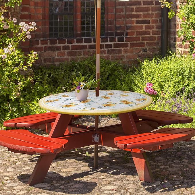 Elastic Zipper Patio Table Cover with Umbrella Hole Waterproof Polyester Outdoor Tablecloth, Windproof Fitted Round Table Cover for Picnic, Garden & Backyard