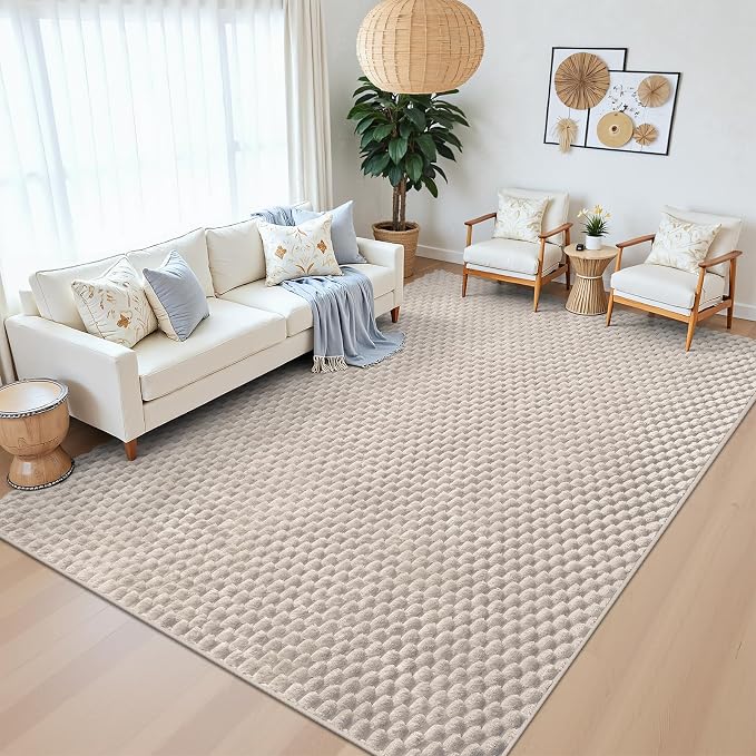 6x9 Area Rug for Living Room, Beige Washable 3D Bubble Bedroom Rug | Non Slip High Low Pile Hexagon Floor Mat for Dorm, Modern Soft Fluffy Carpet for Dining Room, Office and Nursery