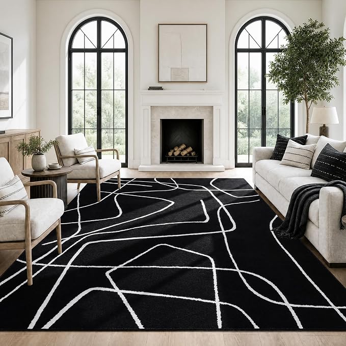 8x10 Washable Modern Abstract Black White Area Rug | Ultra-Thin Low Pile, Non-Slip TPE Backing, Soft Stain Resistant, Machine Washable, for Hallway Entryway Laundry High Traffic