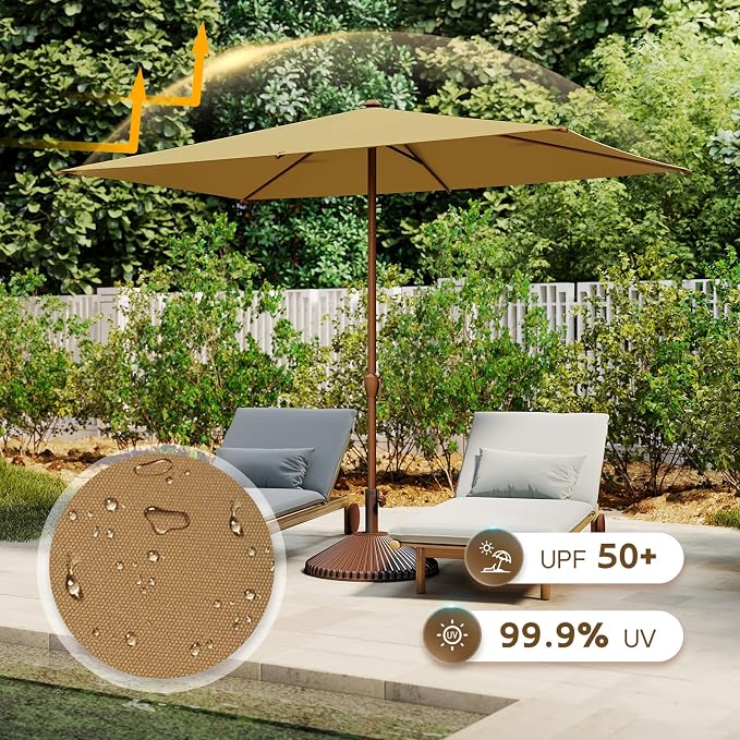 Abba Patio 6.5FT Outdoor Patio Umbrella Outdoor Table Umbrella with Crank Market Umbrella 6 Sturdy Ribs UV Protection Waterproof and Push Button Tilt for Garden Deck Backyard Pool,Tan