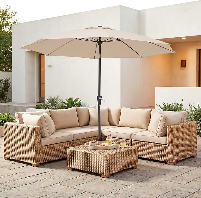 JEAREY 9FT Outdoor Patio Umbrella, Market Table Umbrella with 8 Fiberglass Ribs, Pool Umbrella with Tilt and Crank, UV Protection Lightweight & Wind-Resistant for Lawn, Garden, Deck and Backyard, Beige