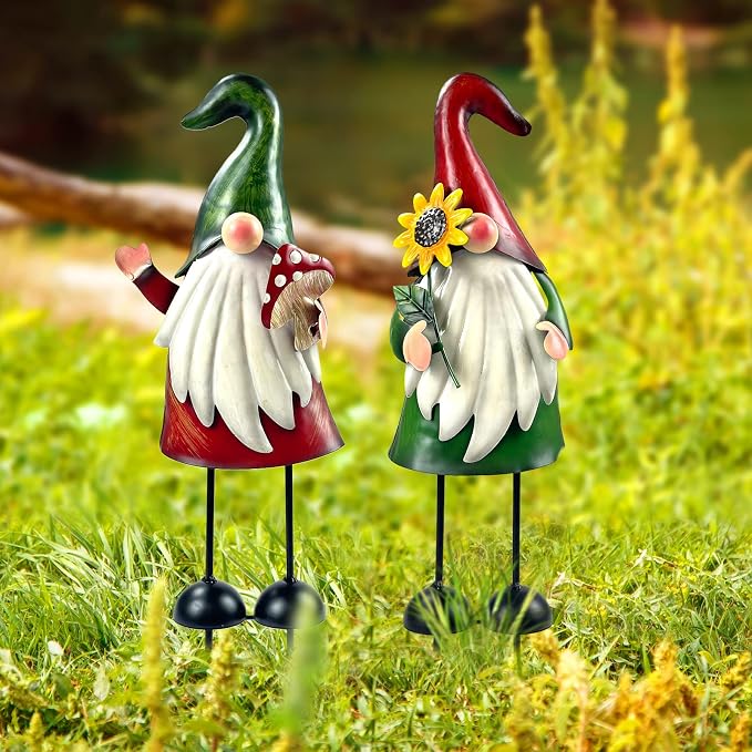 HONGLAND Metal Gnome Yard Art Outdoor Gnomes Garden Statue 18 Inch Gnome Figurine Decorative Stakes for Holiday Christmas Lawn Patio Yard Garden Decor-2 PCS