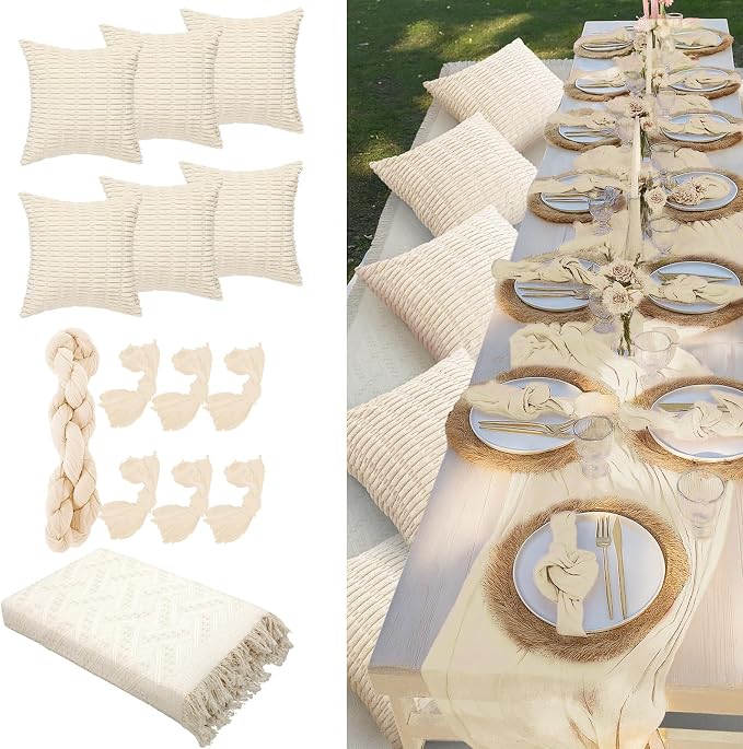 Beeveer 14 Pcs Picnic Kit 91x71 Inch Extra Large Outdoor Boho Picnic Blanket with White Table Runner, 6 Throw Pillow Cover 6 Napkin Woven Cotton Yarn Oversize Washable Beach Blanket for Camp Wedding